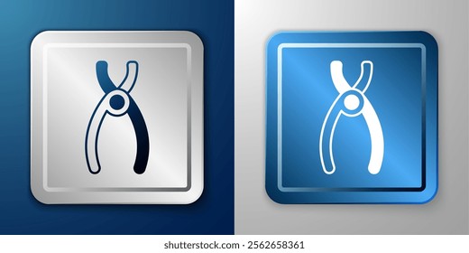 White Dental pliers icon isolated on blue and grey background. Dental equipment. Silver and blue square button. Vector