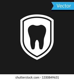 White Dental protection icon isolated on black background. Tooth on shield logo icon. Vector Illustration