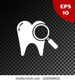White Dental search icon isolated on transparent dark background. Tooth symbol for dentistry clinic or dentist medical center.  Vector Illustration