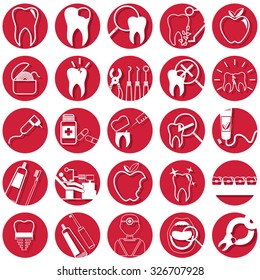 white dentist icons set on red circle in vector style