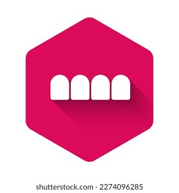 White Dentures model icon isolated with long shadow. Teeth of the upper jaw. Dental concept. Pink hexagon button. Vector