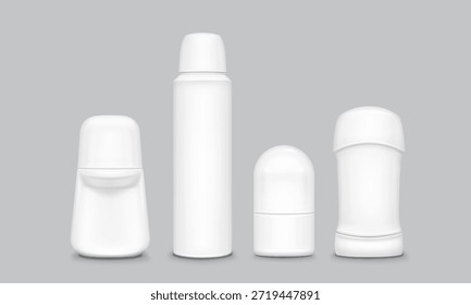 Colección de maqueta de desodorante blanco con roll on, botella de aerosol y contenedor de palo en diseño cosmético 3d. Conjunto de productos de higiene en blanco con tapas para la marca de cuidado personal y empaques antitranspirantes.