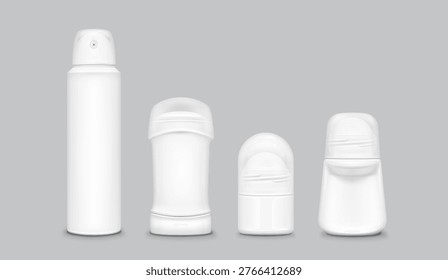 White deodorant mockup collection with roll on, spray bottle and stick container in 3d cosmetic design. Blank hygiene product set with caps for personal care branding and antiperspirant packaging.