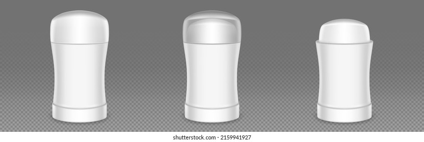 White deodorant stick packaging isolated on transparent background. Vector realistic 3d mockup of blank plastic container of dry antiperspirant with clear and white cap