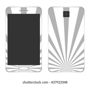 White design mobile phone speaker with gray rays from the center of the button front and behind the camera on a white background