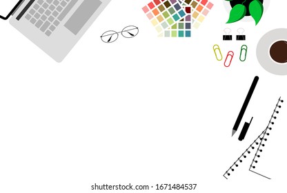 White desk with blank notebook for draft or sketch idea with copy space. Creative concept.