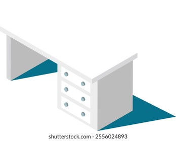 White desk with drawers casting a shadow on a blue floor, presented in an isometric view, ideal for illustrating modern office furniture and organized workspaces