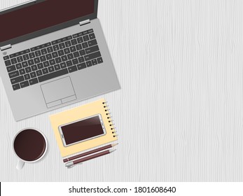 White desk with laptop, smartphone, cup of coffee and supplies. Remote work, freelance, online learning, distance education. Top view with copy space, flat lay. Vector illustration