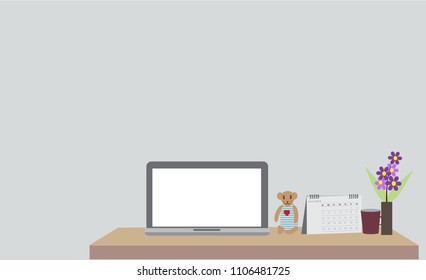 White desk table with copy space, supplies and coffee mug. Front view workspace and copy space,flat vector isolate from background, working space concept.