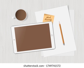 White desk with tablet, cup of coffee and supplies. Workspace with blank screen tablet PC. Remote work, freelance, online learning, distance education. Top view, flat lay. Vector illustration