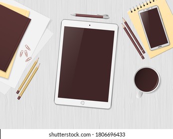 White desk with tablet, phone, cup of coffee and supplies. Workspace with blank screen tablet PC. Remote work, freelance, online learning, distance education. Top view, flat lay. Vector illustration