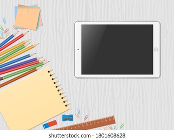 White desk with tablet and supplies. Workspace with blank screen tablet PC. Remote work, freelance, online learning, distance education. Top view, flat lay. Vector illustration