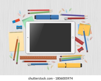 White desk with tablet and supplies. Workspace with blank screen tablet PC. Remote work, freelance, online learning, distance education. Top view, flat lay. Vector illustration