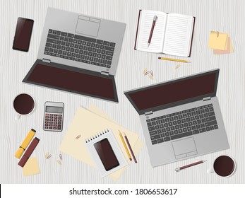 White desk with two laptops and supplies. Workspace with blank screen laptops. Remote work, freelance, online learning, distance education. Top view, flat lay. Vector illustration