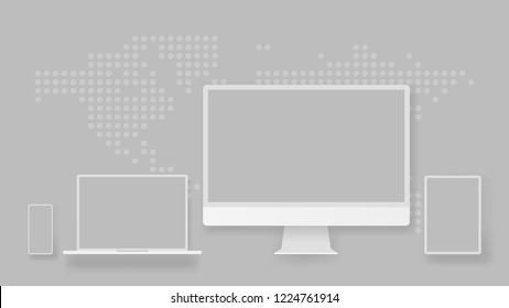 White desktop computer display screen smartphone tablet portable notebook or laptop. Outline mockup electronics devices phone monitor lines realistic simple isolated 3d vector set.