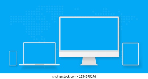White desktop computer display screen smartphone tablet portable notebook or laptop. Outline mockup electronics devices phone monitor lines realistic simple isolated 3d vector set.