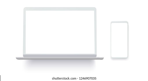 White desktop computer display screen smartphone  portable notebook . Outline mockup electronics devices phone and laptop. Beautiful white layout of gadgets. Good for your templates UI/UX