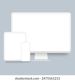 White desktop computer, laptop, smartphone, tablet clay mockup