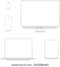 White desktop computer, smartphone, tablet, laptop, smart watch mockup