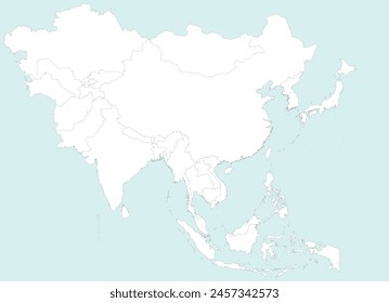 White detailed blank political map of ASIA with black country borders using orthographic projection on blue background, without the Middle East