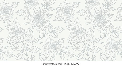 White detailed line art floral vector pattern with hand drawn dahlia illustrations, seamless repeating wallpaper, elegant neutral vintage lace inspired background design.