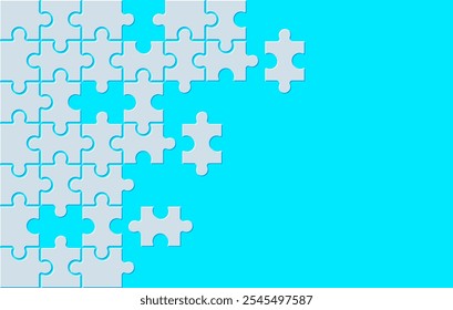 Detalhes brancos do quebra-cabeça no fundo azul. Fundo de quebra-cabeça abstrato com lugar de texto para design. Estilo plano