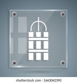 White Detonate dynamite bomb stick and timer clock icon isolated on grey background. Time bomb - explosion danger concept. Square glass panels. Vector Illustration