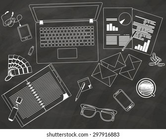  white Device icon on a  desk. Placed on a chalkboard. In vector format.