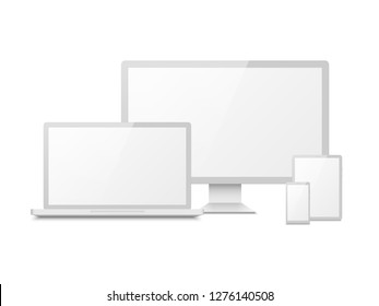 White device mockup. Tablet laptop smartphone screen computer pc display. 3d electronic touchscreen multimedia devices vector isolated