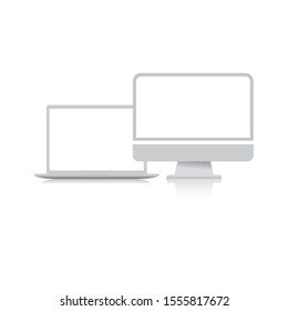White devices. Computer and laptop screen on a white background. Vector illustration