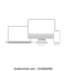 White devices. Computer, smartphone and laptop screen on a white background. Vector illustration