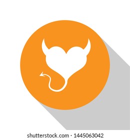 White Devil heart with horns and a tail icon isolated on white background. Valentines Day symbol. Orange circle button. Vector Illustration