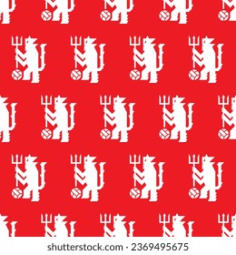 White devil with soccer ball on red background vector seamless pattern. Manchester football team logo symbol. svg
