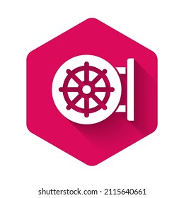 White Dharma wheel icon isolated with long shadow background. Buddhism religion sign. Dharmachakra symbol. Pink hexagon button. Vector