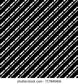 White diagonal dashed lines abstract on black background. Seamless surface pattern with linear ornament. Angled broken strokes motif. Slanted pinstripes. Striped digital paper for print. Dashes vector