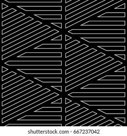 White diagonal and horizontal lines contours on black background. Seamless surface pattern design with linear ornament. Slanted strokes wallpaper. Hash stroke motif. Digital paper with angled stripes.