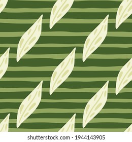 White diagonal leaf ornament seamless pattern in doodle style. Green striped background. Botanic shapes. Decorative backdrop for fabric design, textile print, wrapping, cover. Vector illustration.
