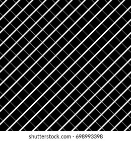 White diagonal stripes grill on black background. Seamless pattern with black mini blocks ornament on white back. Grid motif. Crossed lines wallpaper. Checkered image. Digital paper for print. Vector.