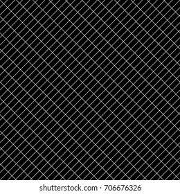 White diagonal stripes grill on black background. Seamless pattern with black mini blocks ornament on white back. Grid motif. Crossed lines wallpaper. Checkered image. Digital paper for print. Vector.