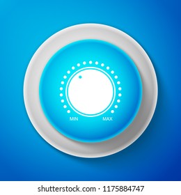 White Dial knob level technology settings icon isolated on blue background. Volume button, sound control, music knob with number scale, analog regulator. Circle blue button. Vector Illustration