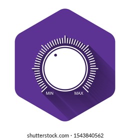 White Dial knob level technology settings icon isolated with long shadow. Volume button, sound control, music knob with number scale, analog regulator. Purple hexagon button. Vector Illustration