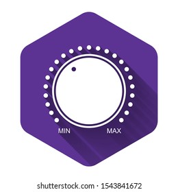 White Dial knob level technology settings icon isolated with long shadow. Volume button, sound control, music knob with number scale, analog regulator. Purple hexagon button. Vector Illustration