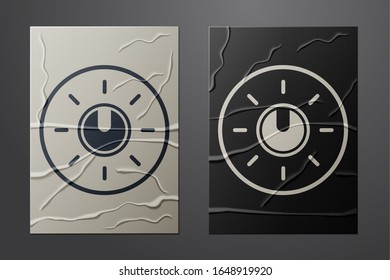 White Dial knob level technology settings icon isolated on crumpled paper background. Volume button, sound control, analog regulator. Paper art style. Vector Illustration