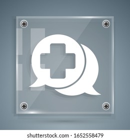 White Dialogue with the doctor icon isolated on grey background. Doctor and patient dialog. Consulting about medical health services. Square glass panels. Vector Illustration