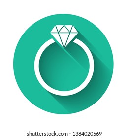 White Diamond engagement ring icon isolated with long shadow. Green circle button. Vector Illustration
