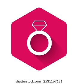 Icono de anillo de compromiso de diamante blanco aislado con fondo de sombra larga. Botón hexagonal rosa. Vector