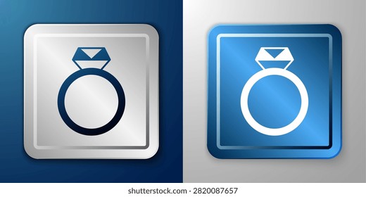 White Diamond engagement ring icon isolated on blue and grey background. Silver and blue square button. Vector