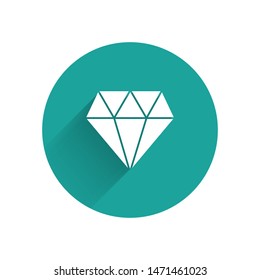 White Diamond icon isolated with long shadow. Jewelry symbol. Gem stone. Green circle button. Vector Illustration