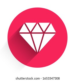 White Diamond icon isolated with long shadow. Jewelry symbol. Gem stone. Red circle button. Vector Illustration