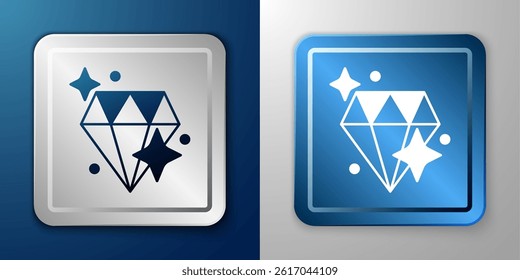 White Diamond icon isolated on blue and grey background. Jewelry symbol. Gem stone. Silver and blue square button. Vector